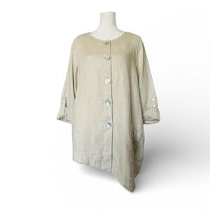 100% Linen Asymmetrical Top With Lace Details Oversized Buttons and Pocket